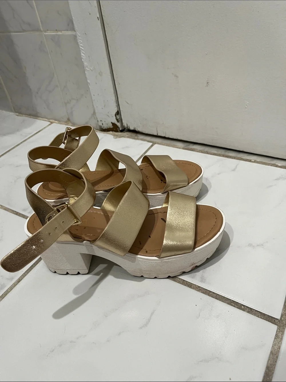 Soda Metallic Gold Platform Sandals with White Lug Sole